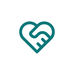 Heart-shaped handshake logo on white background.